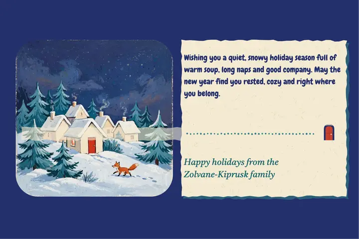 Zolvane-Kiprusk holiday postcard, snowy village gouache template