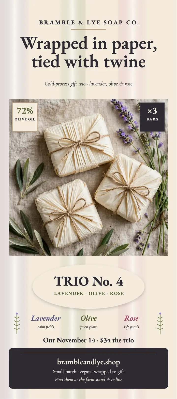Bramble and Lye soap trio launch card: soap trio launch rack card template
