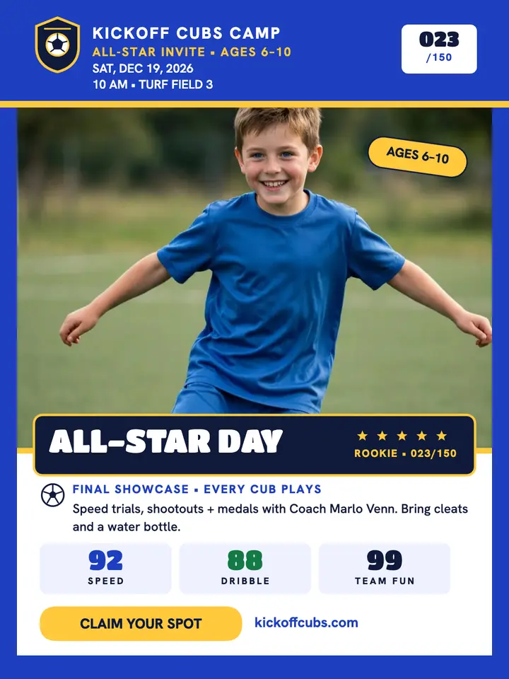 Kickoff Cubs all-star day trading card: soccer camp invite template