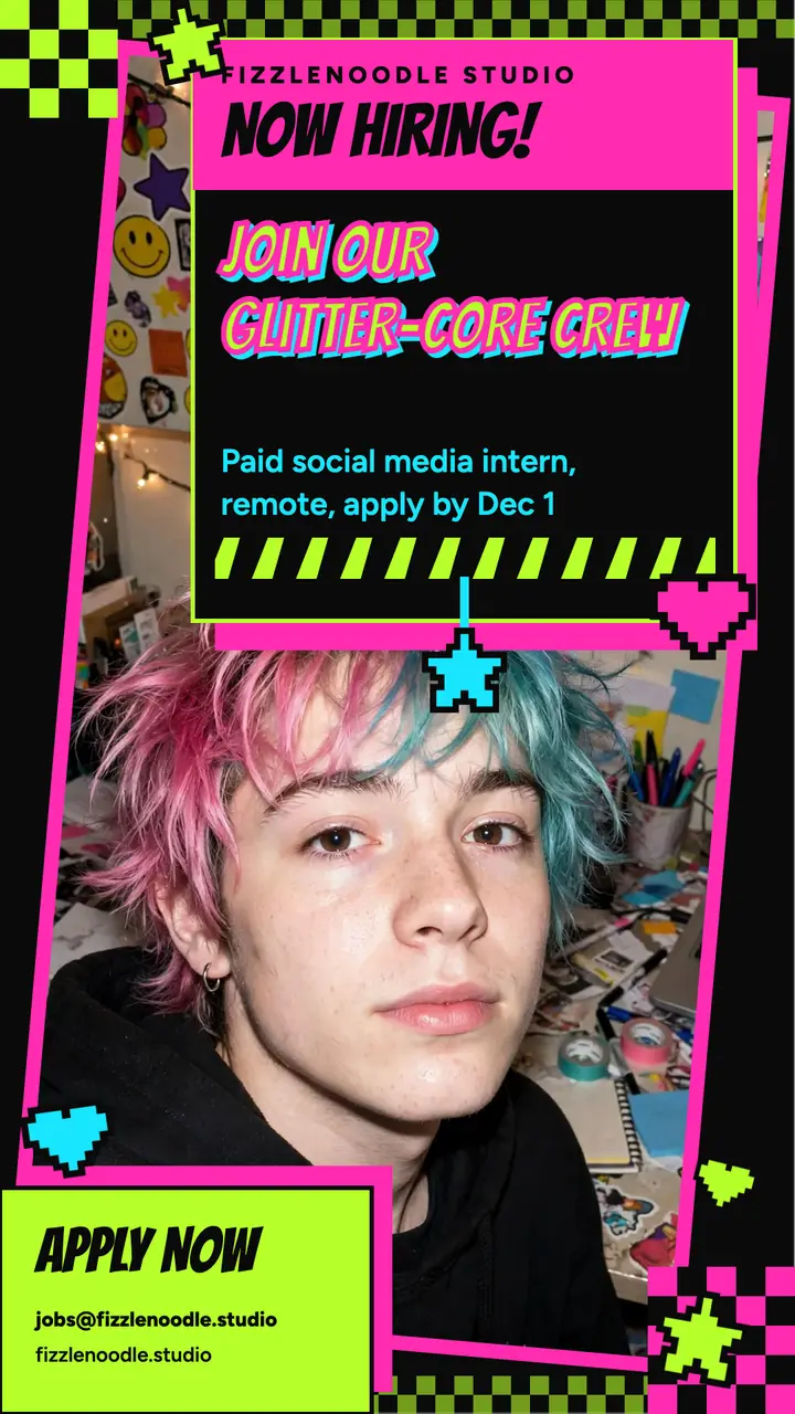 Social media intern hiring story, scene kid 2007 template