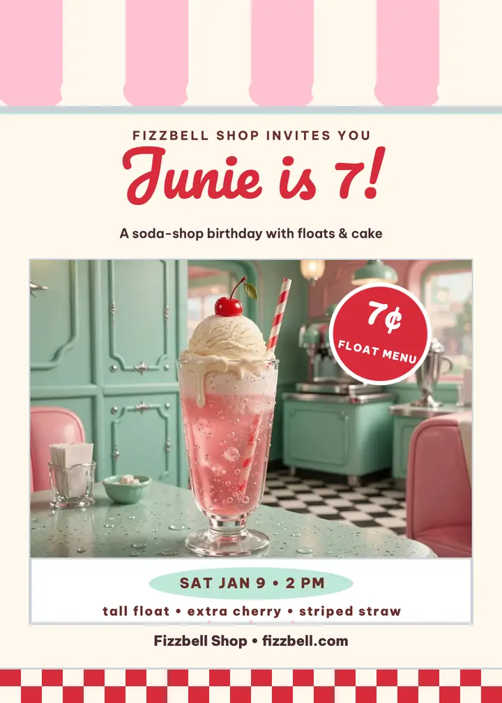Junie soda shop birthday invitation template