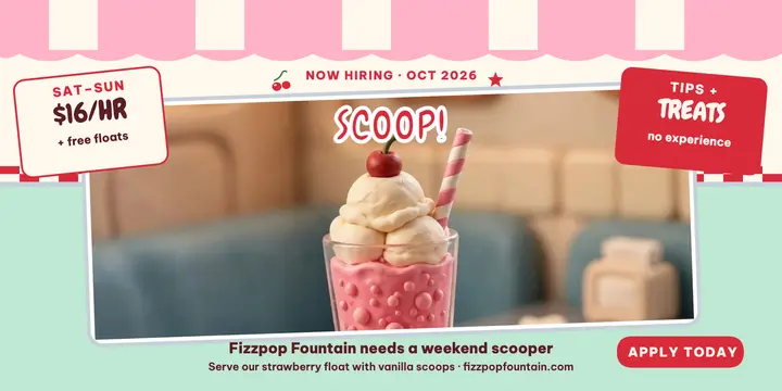 Fizzpop Fountain weekend scooper hiring post: soda shop hiring post template