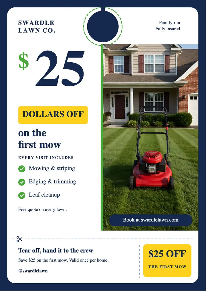 Swardle Lawn Co. first mow door hanger with tear-off coupon template