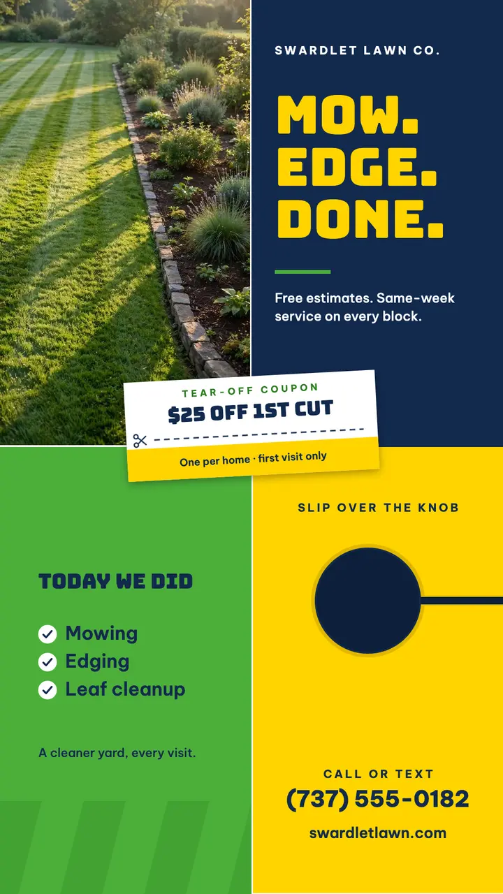 Swardlet Lawn Co. tear-off door hanger story template
