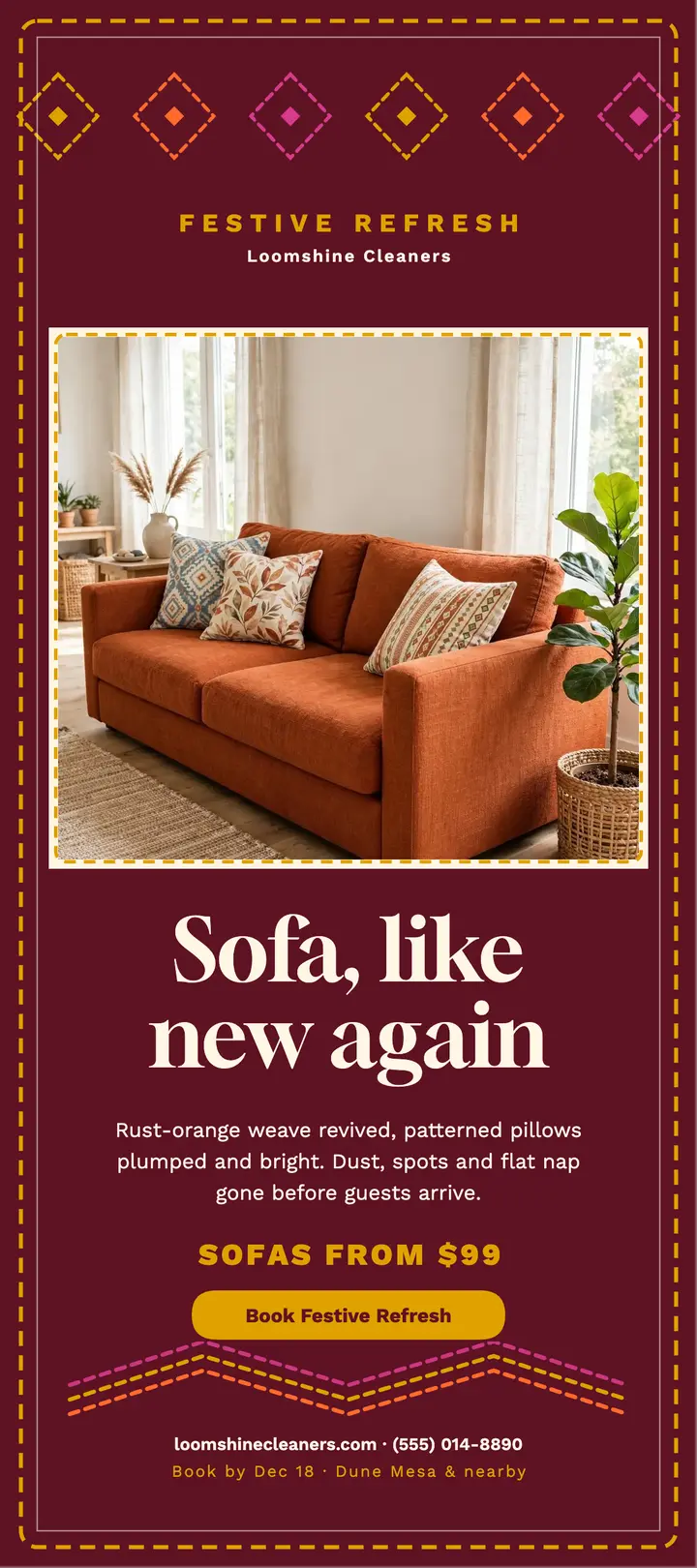 Loomshine sofa festive refresh rack card template