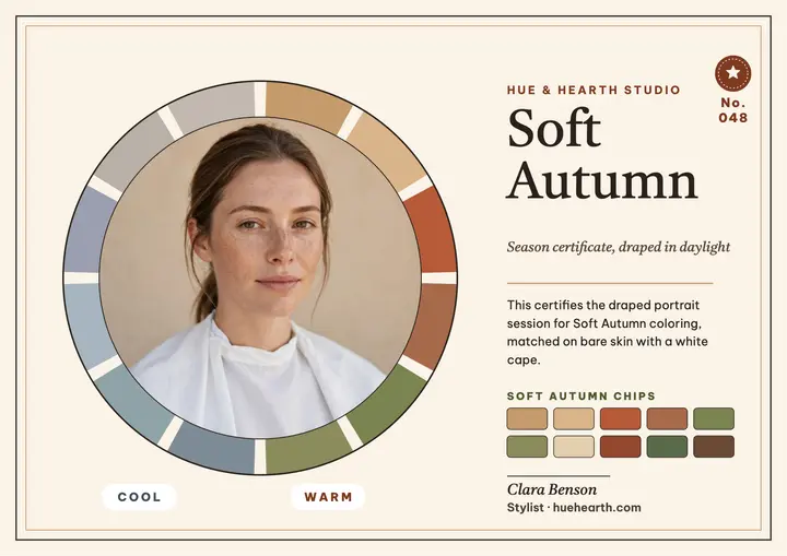 Soft Autumn drape certificate, Hue and Hearth template