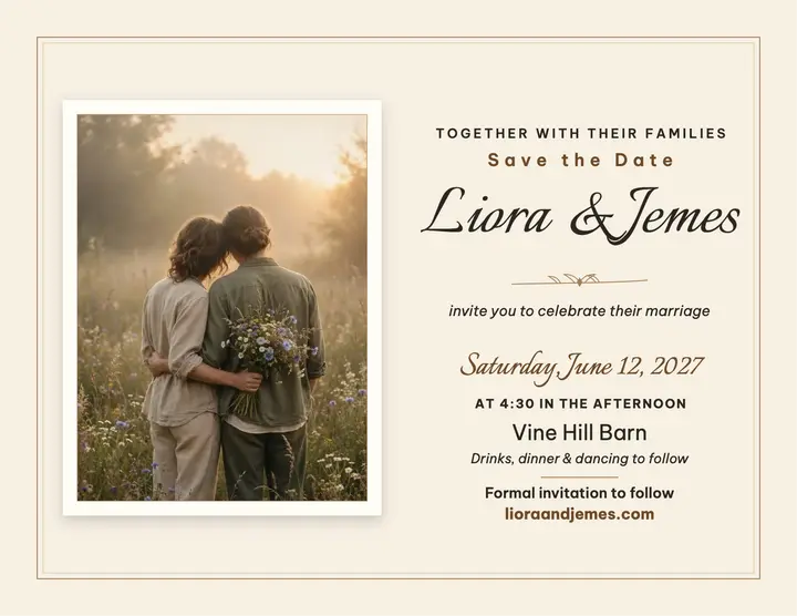 Liora and Jemes soft focus save the date flyer: save the date wedding flyer template