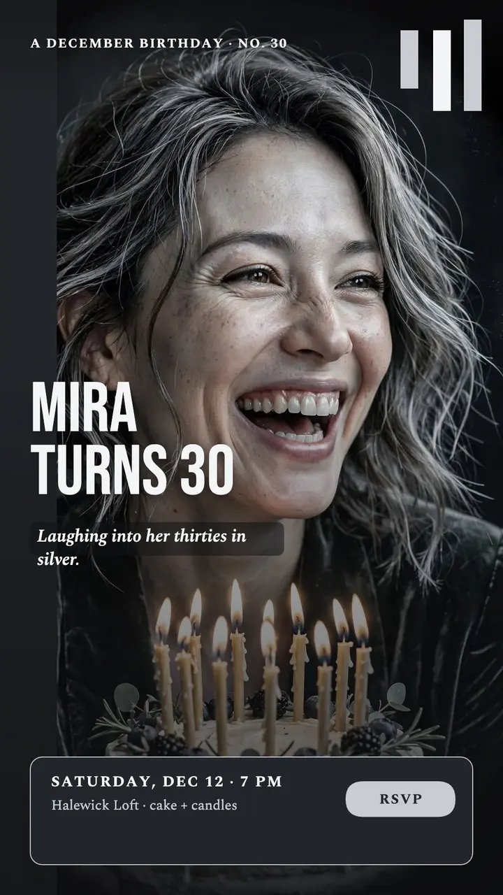 Mira Lane 30th birthday story, solarized template