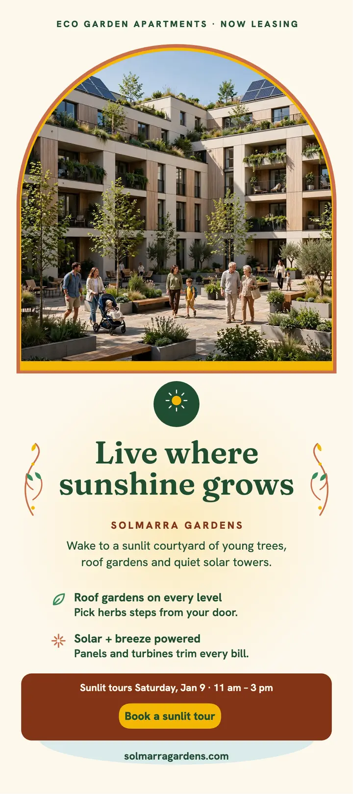 Solmarra Gardens eco apartments rack card template