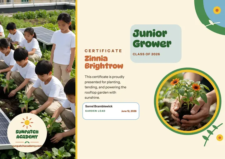 Sunpatch Junior Grower certificate: solar garden certificate template