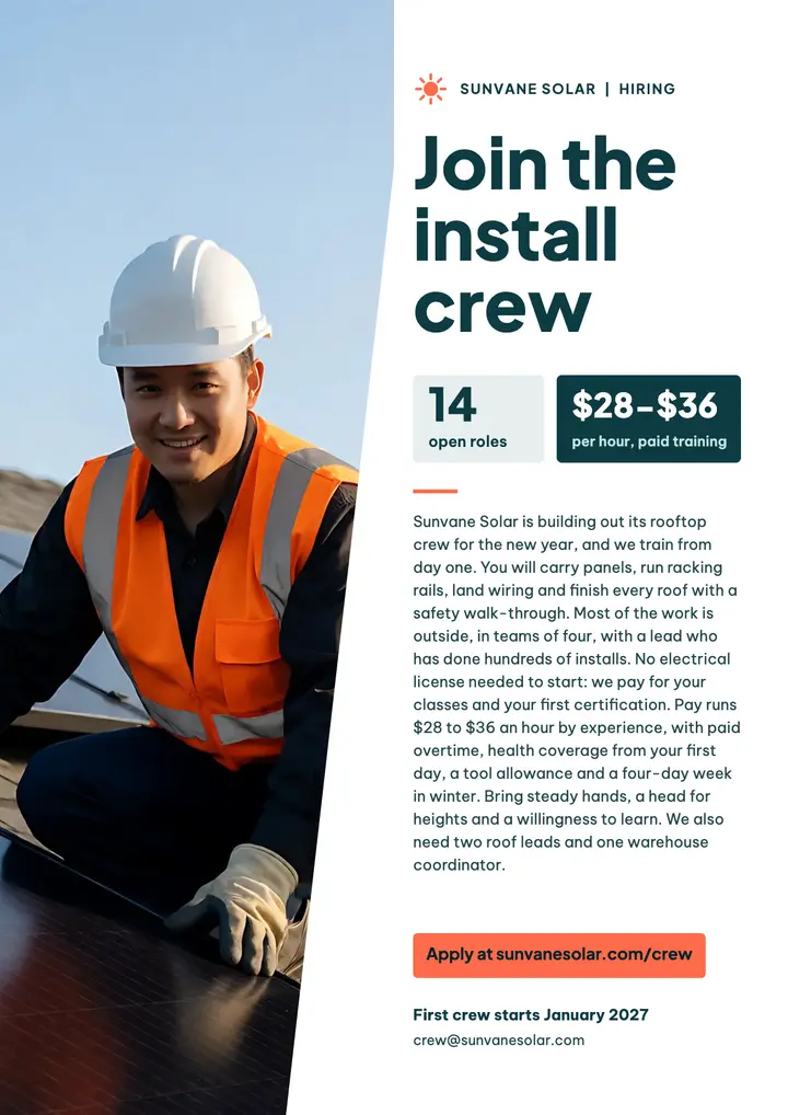 Solar install crew hiring flyer template