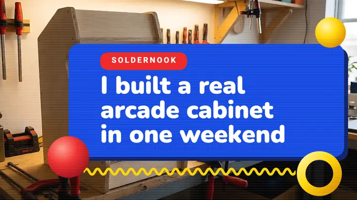 Soldernook arcade cabinet build thumbnail, 90s TV ident template