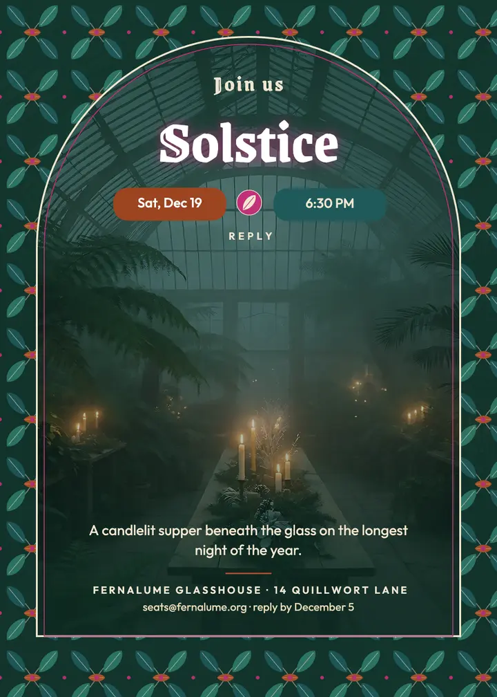 Winter solstice supper invitation, glasshouse template