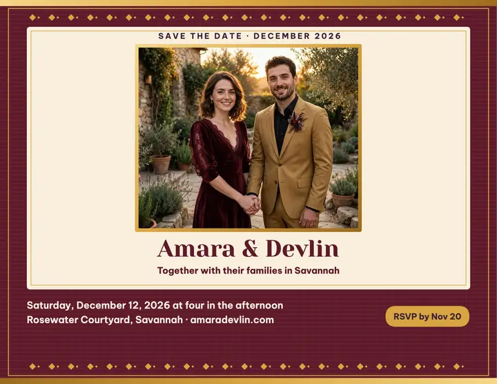 Amara and Devlin gold wedding flyer: wedding invitation flyer template