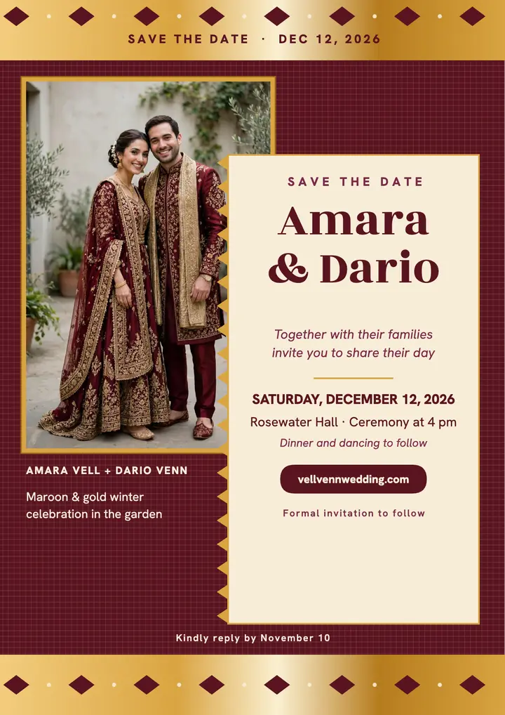 Amara and Dario maroon gold save the date template