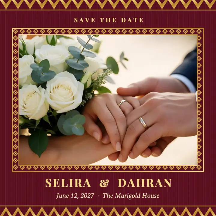 Selira and Dahran gold weave save the date: wedding save the date post template
