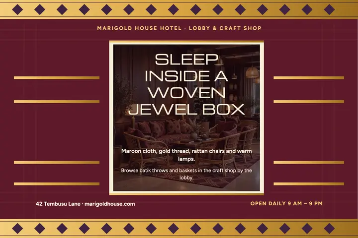 Marigold House Hotel batik lobby postcard template