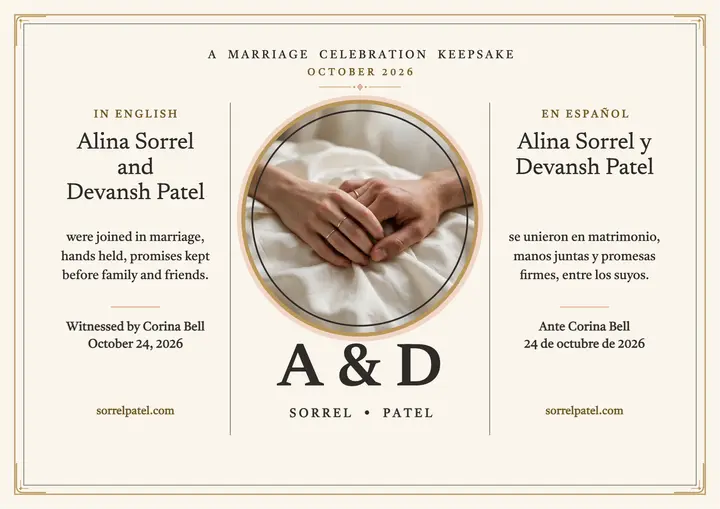 Sorrel Patel wedding keepsake certificate template