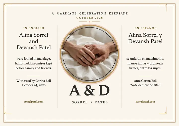 Sorrel Patel wedding keepsake certificate: wedding certificate keepsake template