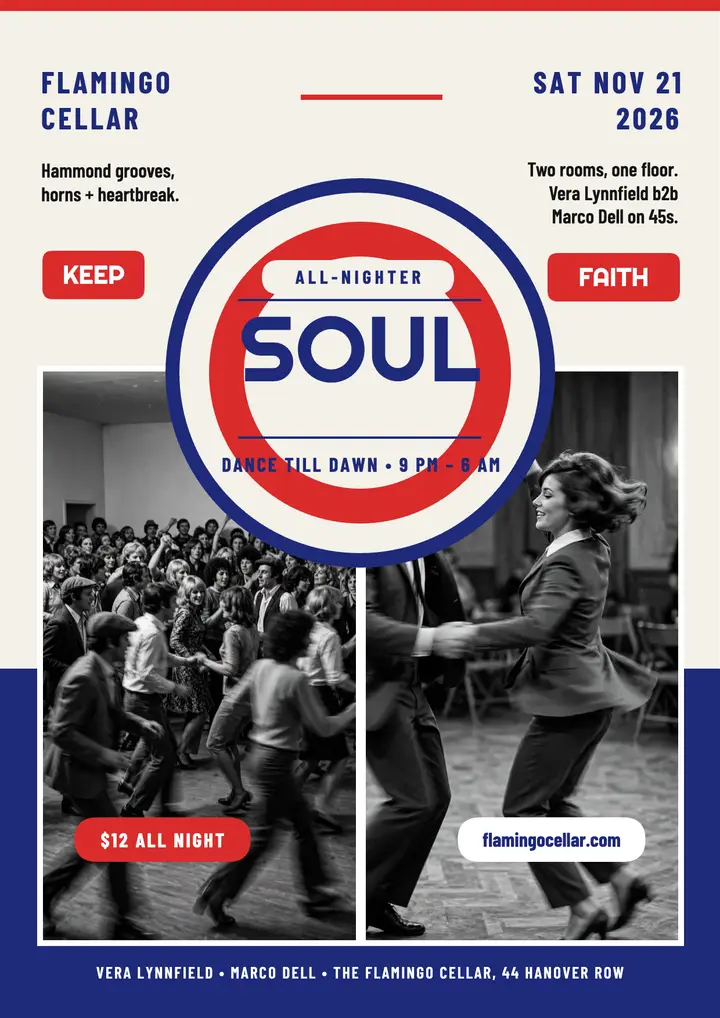 Flamingo Cellar soul all-nighter mod flyer: soul night flyer template