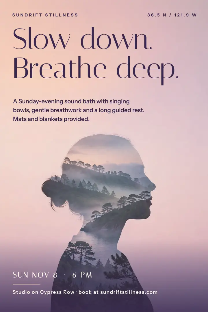 Sunday evening sound bath and breathwork poster, Sundrift Stillness template