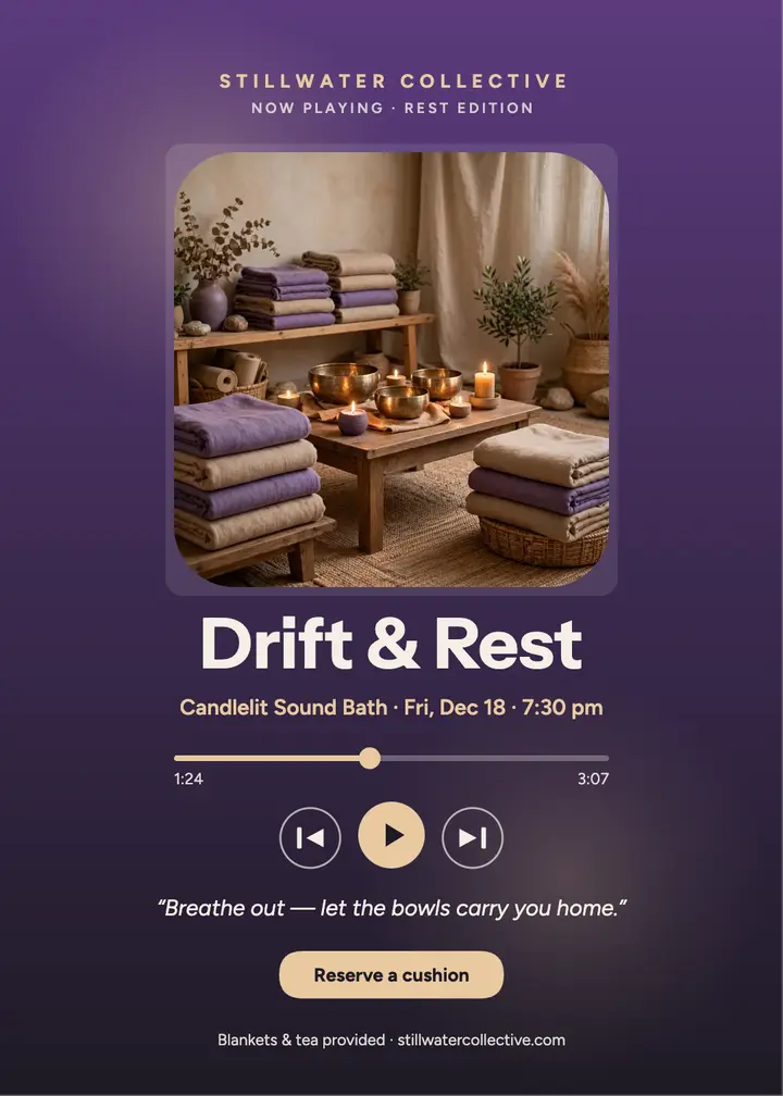 Drift and Rest sound bath now playing invite: sound bath invitation template