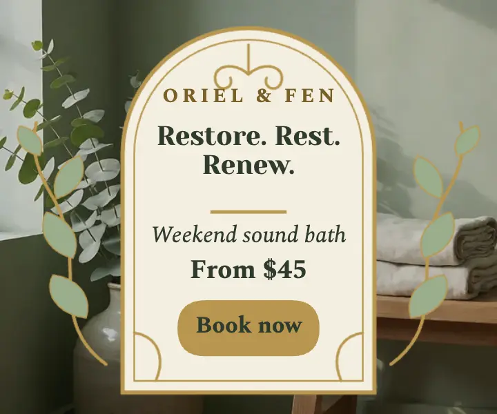 Oriel & Fen weekend sound bath ad, art nouveau template