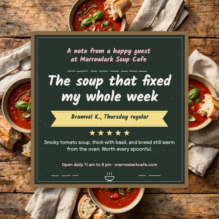 Marrowlark Soup Cafe chalkboard review post: customer review post template