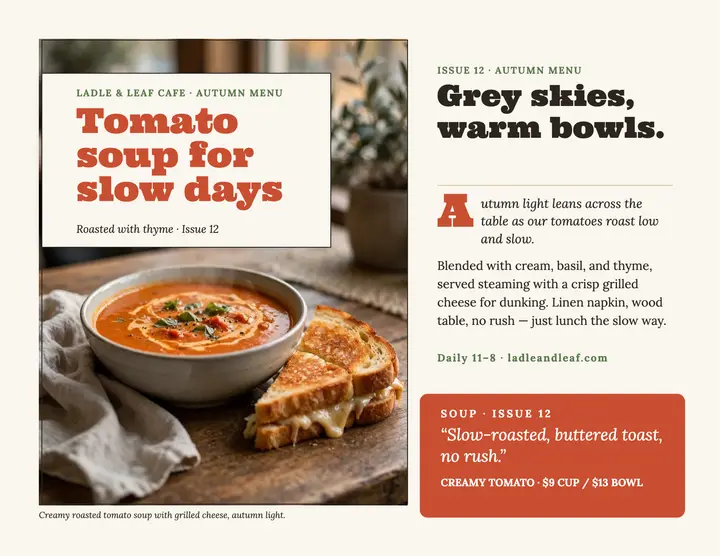 Ladle and Leaf tomato soup menu story template