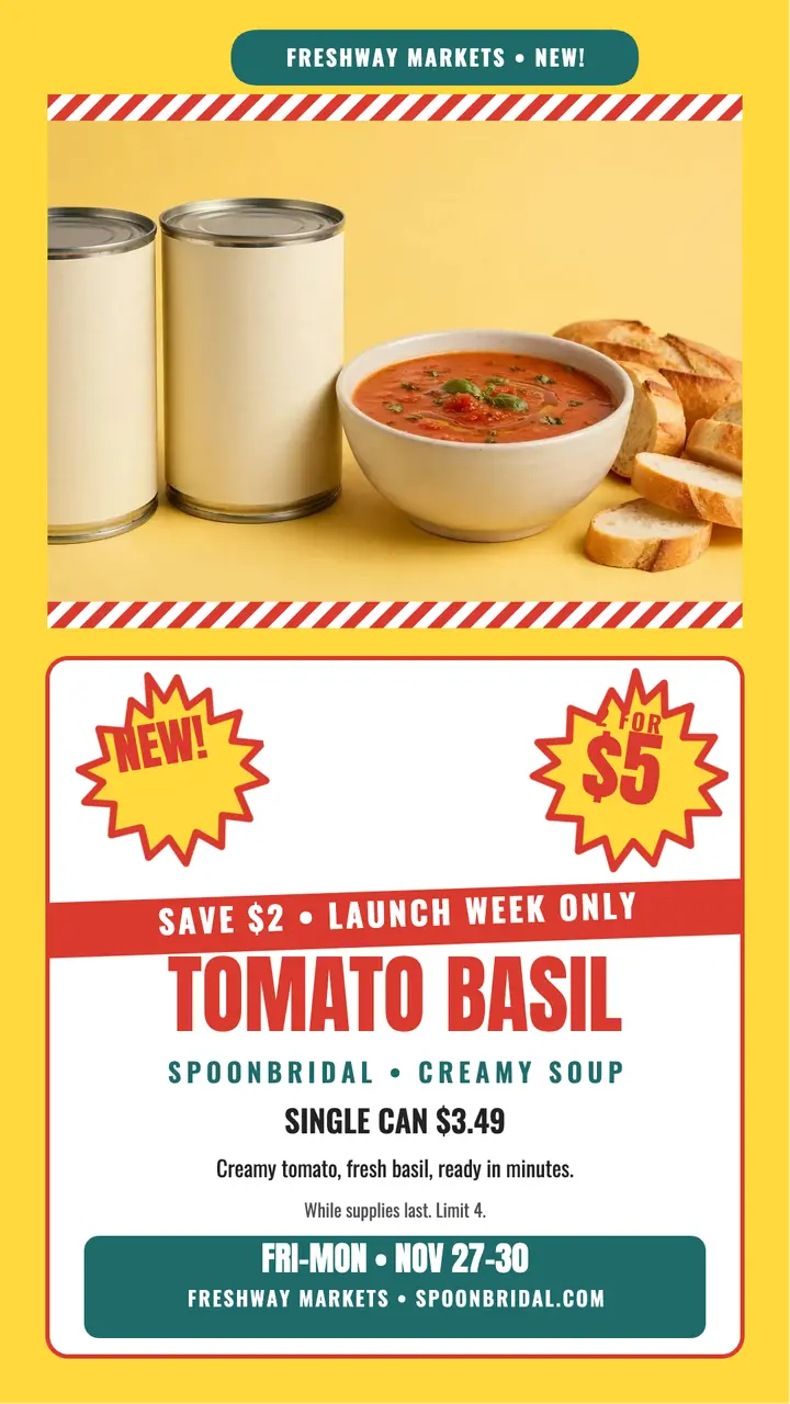 Spoonbridal tomato soup launch flyer story template