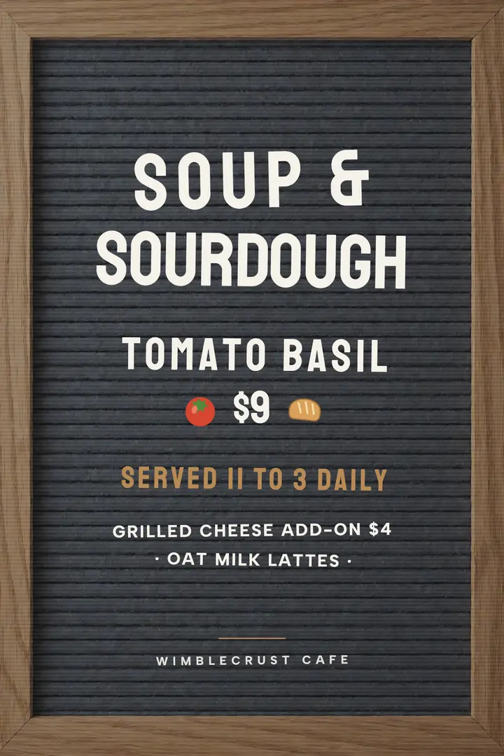 Soup and sourdough letterboard cafe poster: cafe lunch menu poster template