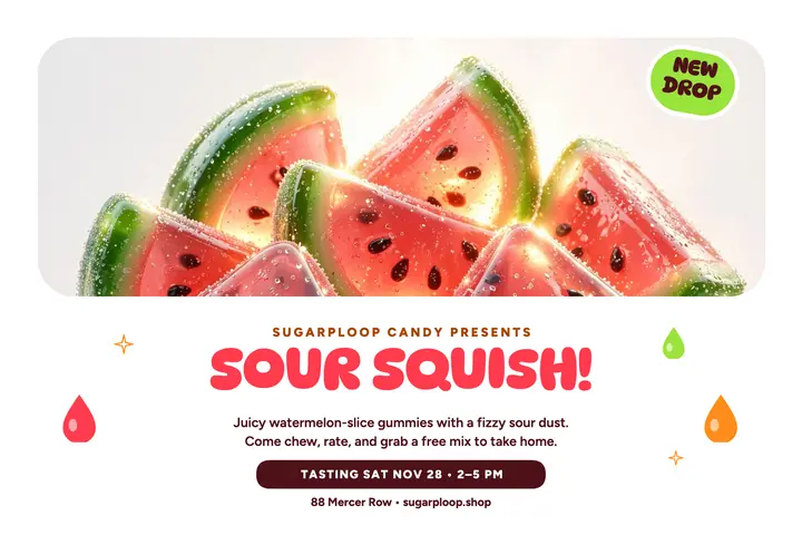 Sugarploop sour gummy drop postcard template