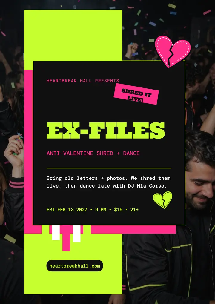 Ex-Files anti-Valentine shred and dance flyer template