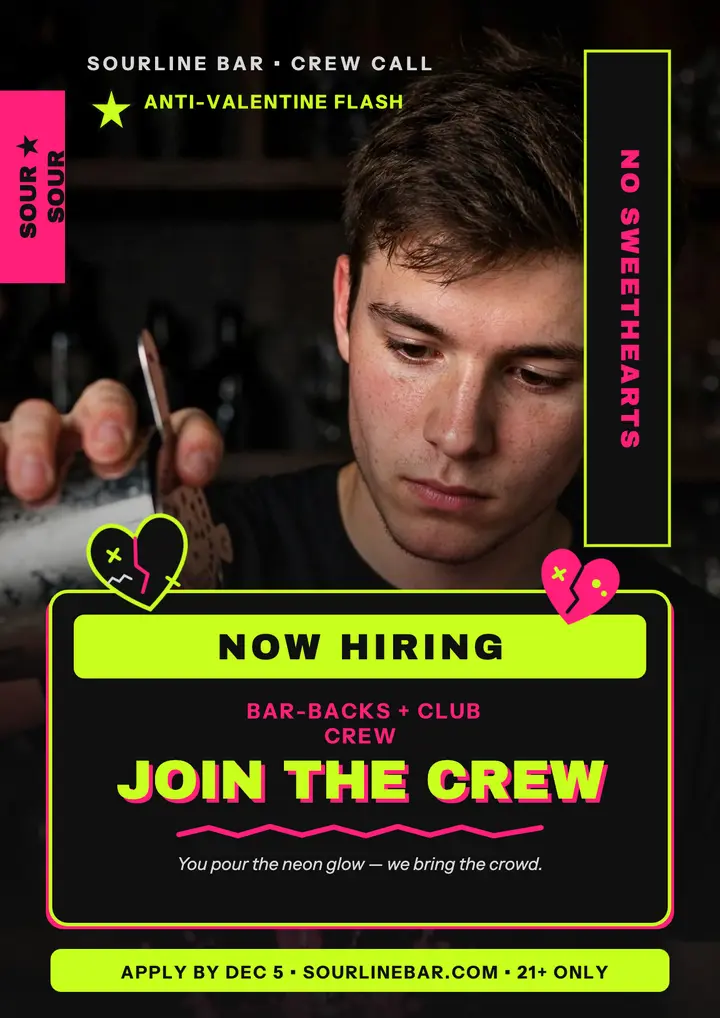 Sourline Bar sour hearts crew call flyer template