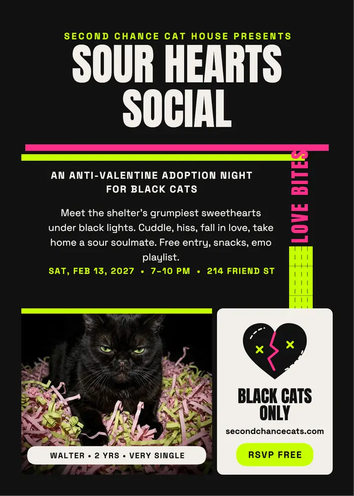 Sour Hearts black cat adoption night invitation: cat adoption invitation template