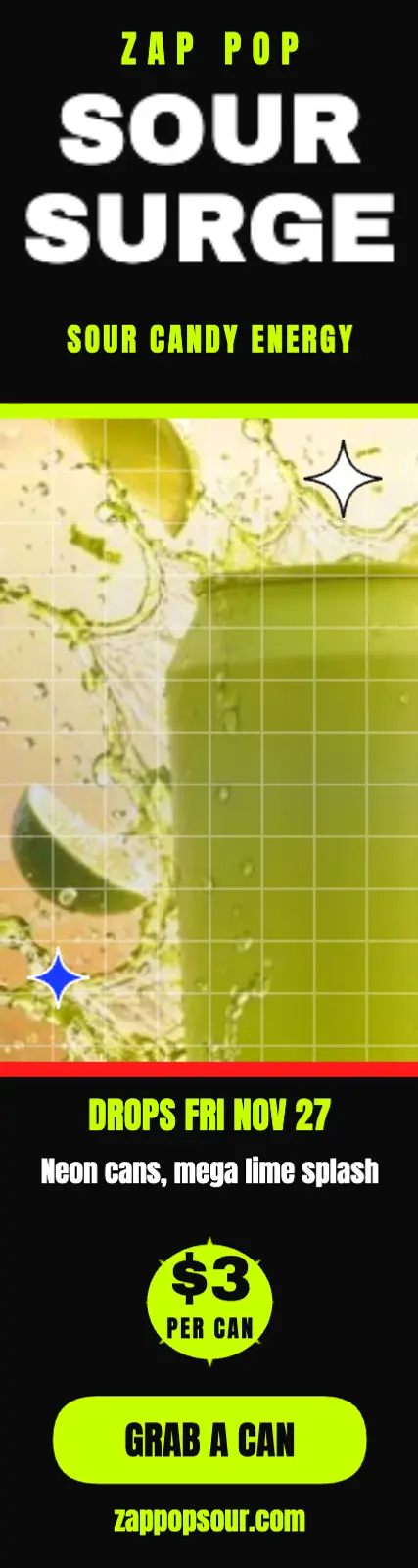 Zap Pop Sour Surge drop skyscraper: sour energy drink ad template