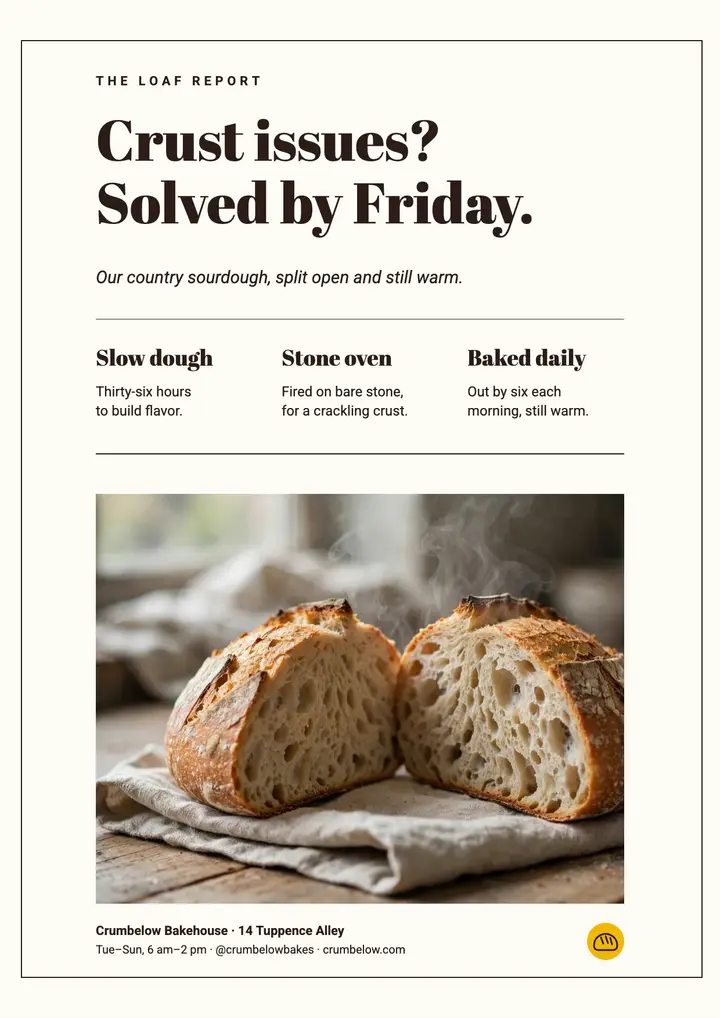 Crumbelow Bakehouse sourdough print-ad flyer template