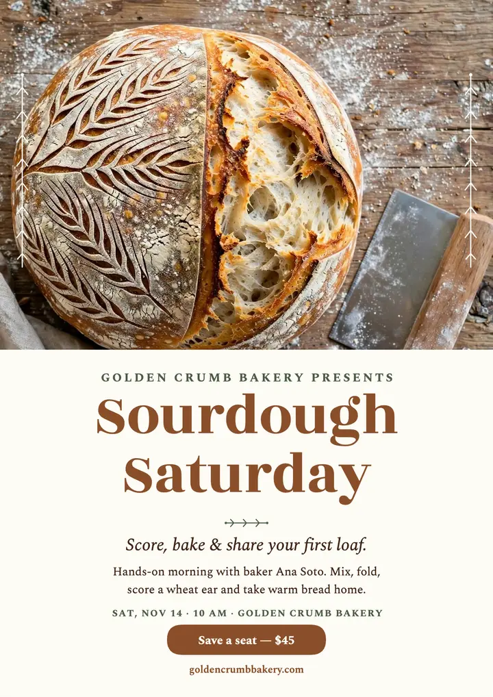 Golden Crumb sourdough class flyer: bakery class flyer template