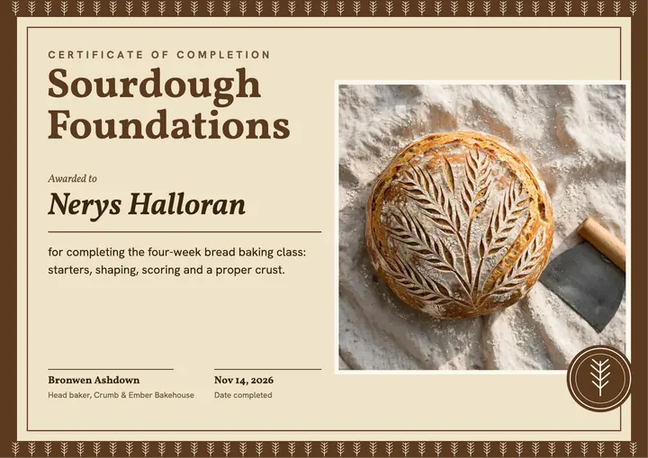 Scored sourdough class certificate template