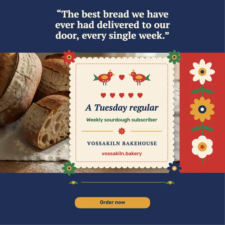 Vossakiln Bakehouse sourdough review, folk florals: bakery review post template