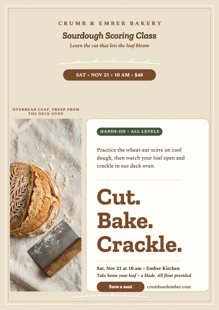 Crumb and Ember sourdough scoring class flyer template