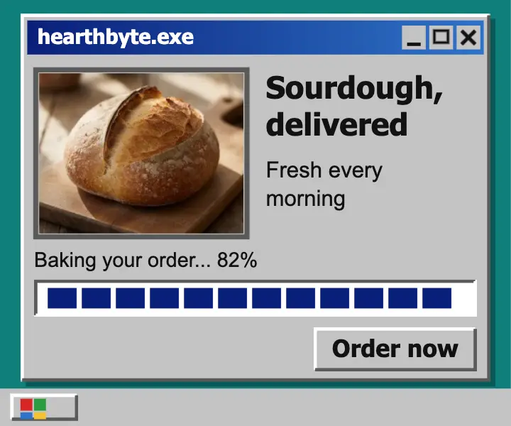 Hearthbyte sourdough delivery ad, retro OS desktop: bread delivery display ad template