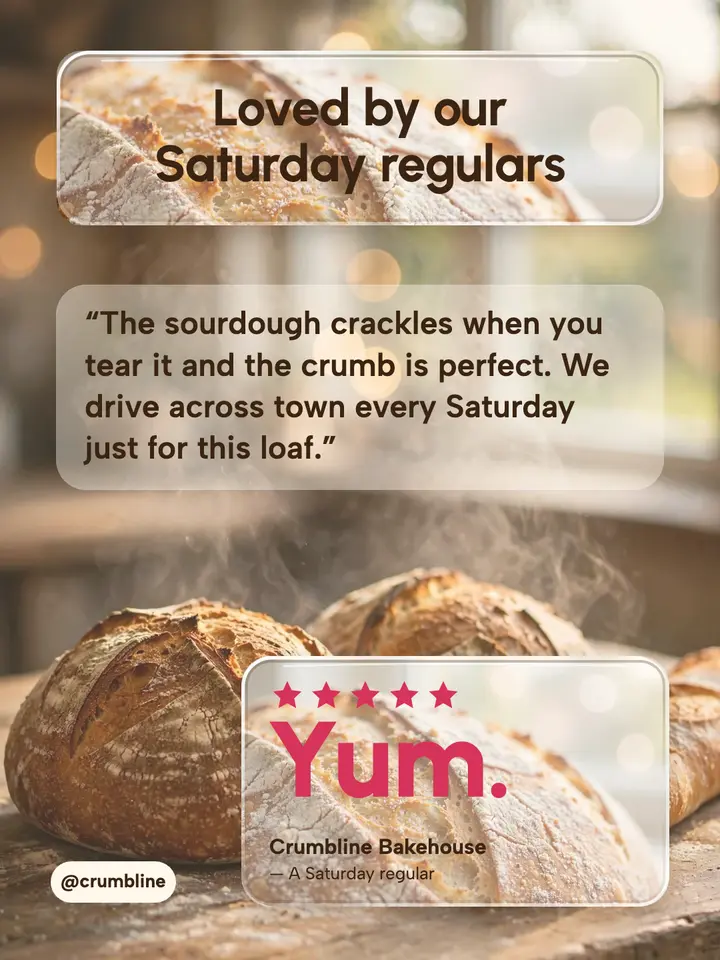 Sourdough bakery review spotlight, liquid glass template