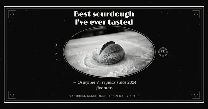 Vandrell Bakehouse sourdough review title card: bakery review post template