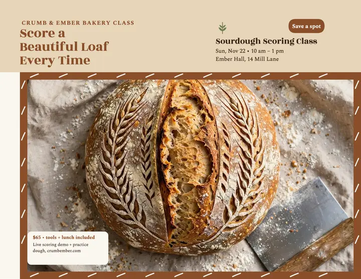 Crumb and Ember sourdough scoring class flyer template