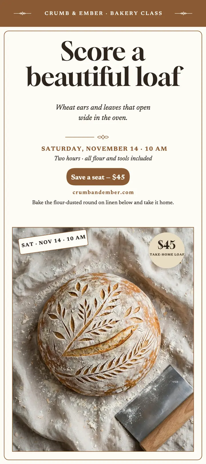 Crumb and Ember sourdough scoring class card template