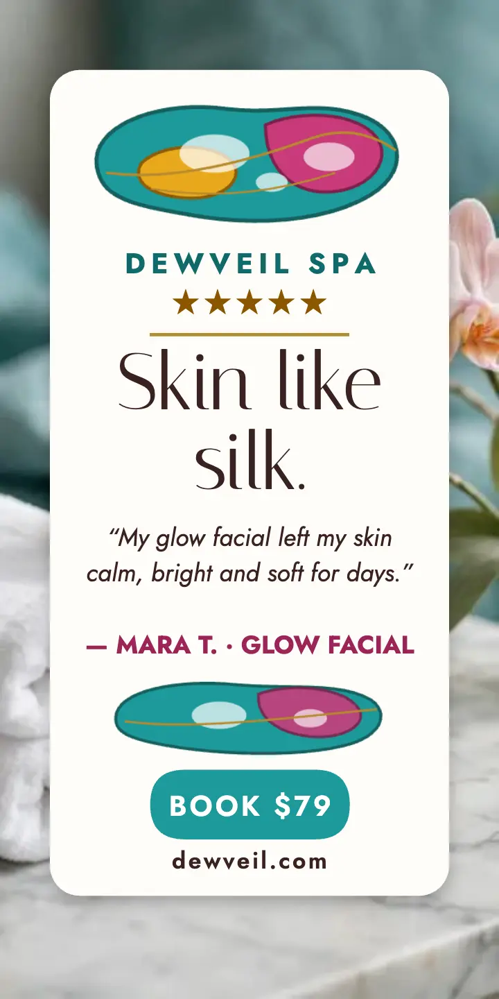 Dewveil Spa facial review half page ad: spa testimonial ad template