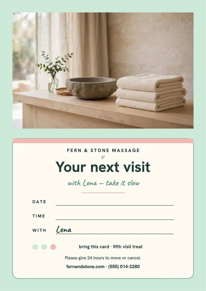 Fern and Stone next visit card: massage appointment card template