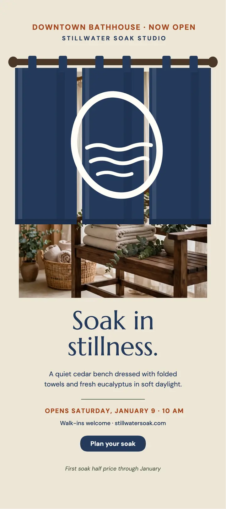 Stillwater Soak Studio spa opening rack card template