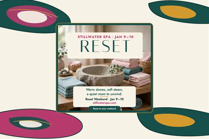 Stillwater Spa reset weekend postcard template